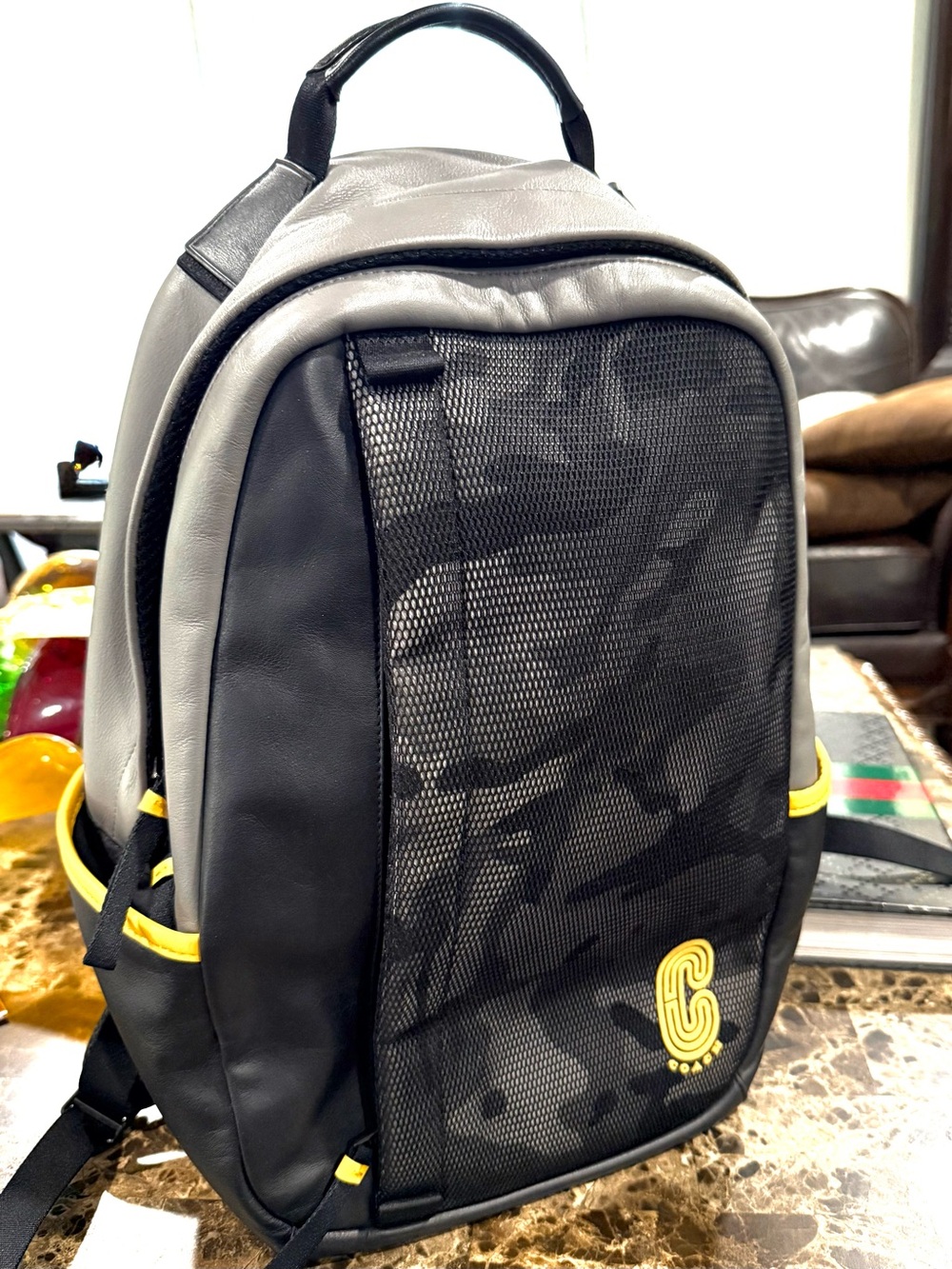🔥Coach Edge Leather Backpack Gray Black Yellow C2057-4001 Unisex